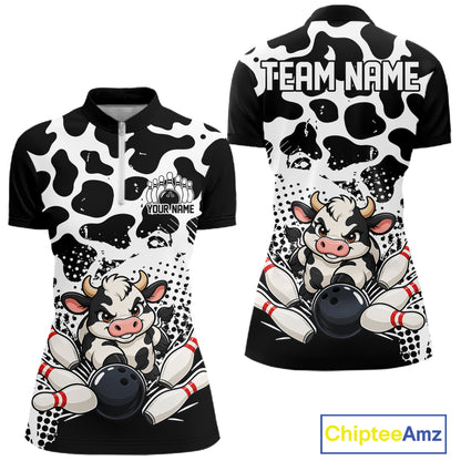 Custom Black And White Cute Funny Cow Women Quarter-Zip Bowling Team Shirt Bowler Outfit IPHW12817