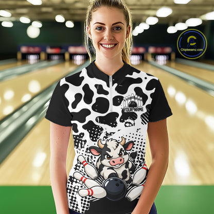 Custom Black And White Cute Funny Cow Women Quarter-Zip Bowling Team Shirt Bowler Outfit IPHW12817