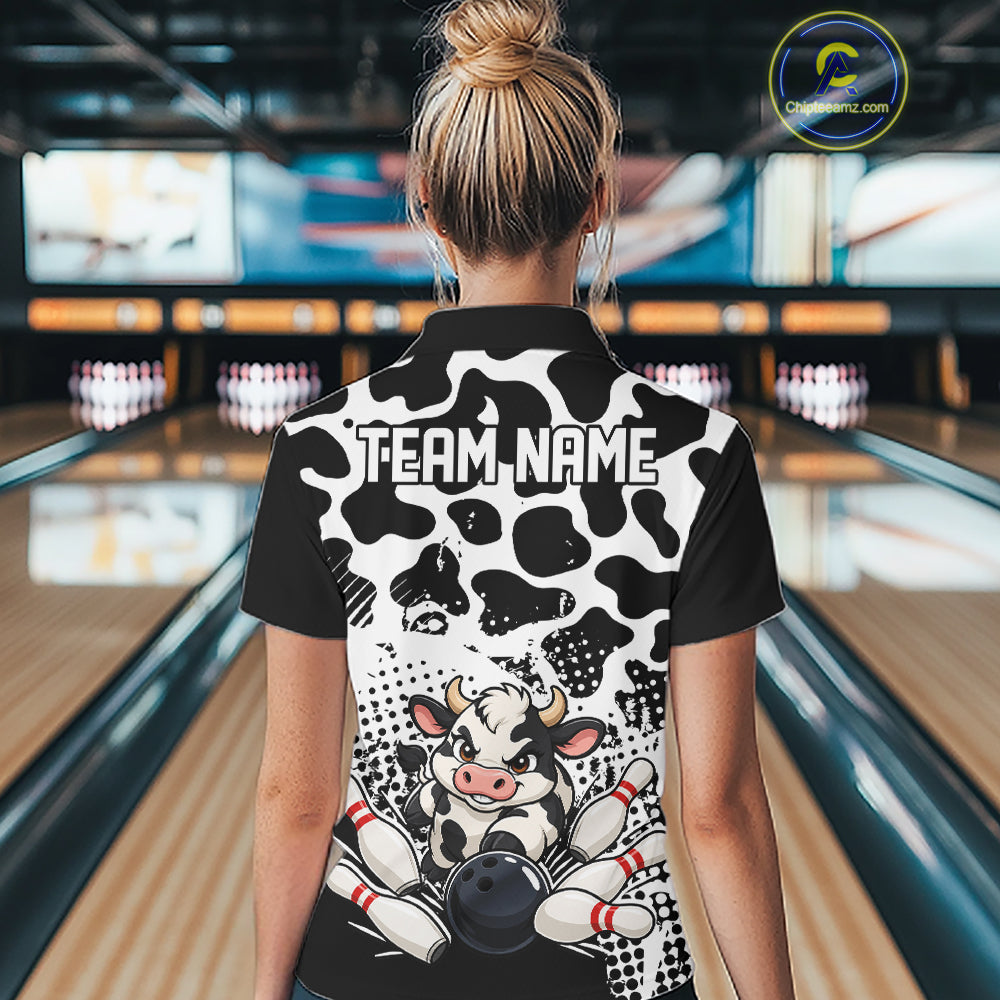 Custom Black And White Cute Funny Cow Women Quarter-Zip Bowling Team Shirt Bowler Outfit IPHW12817