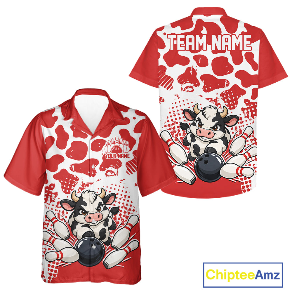 Custom White And Red Cute Funny Cow Men And Women Button Up Bowling Team Shirt Bowler Outfit IPHW12818