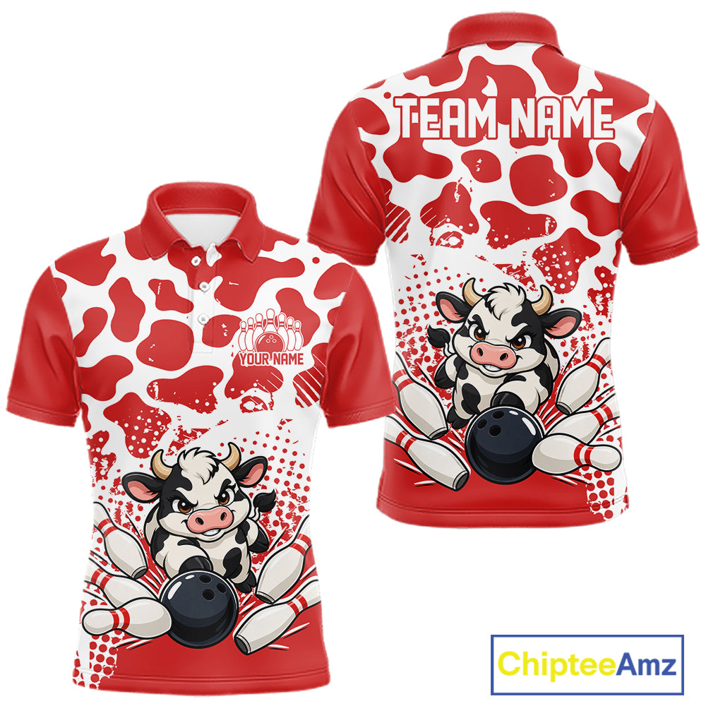 Custom White And Red Cute Funny Cow Men Polo Bowling Team Shirt Bowler Outfit IPHW12818