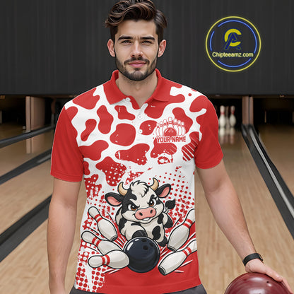 Custom White And Red Cute Funny Cow Men Polo Bowling Team Shirt Bowler Outfit IPHW12818