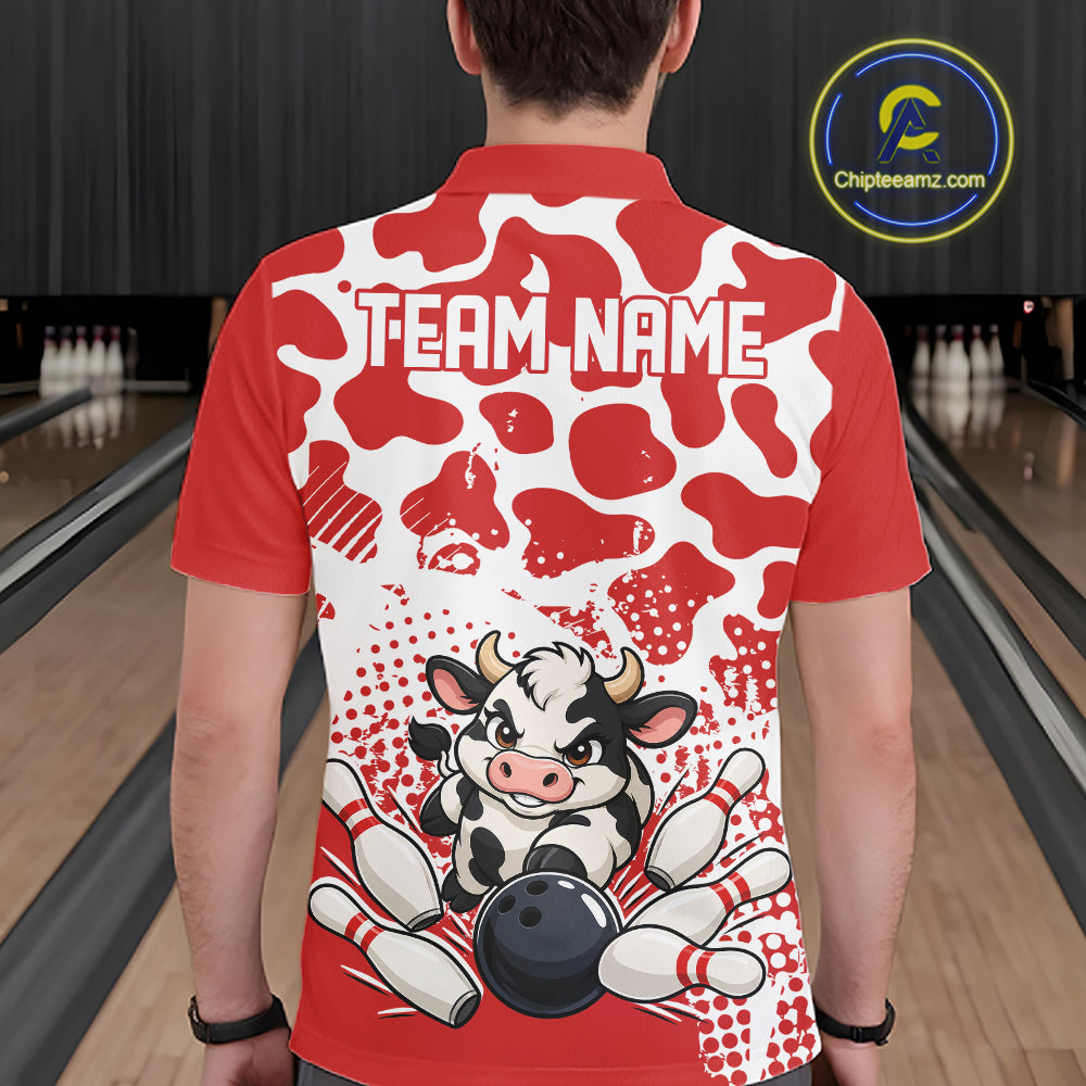 Custom White And Red Cute Funny Cow Men Polo Bowling Team Shirt Bowler Outfit IPHW12818