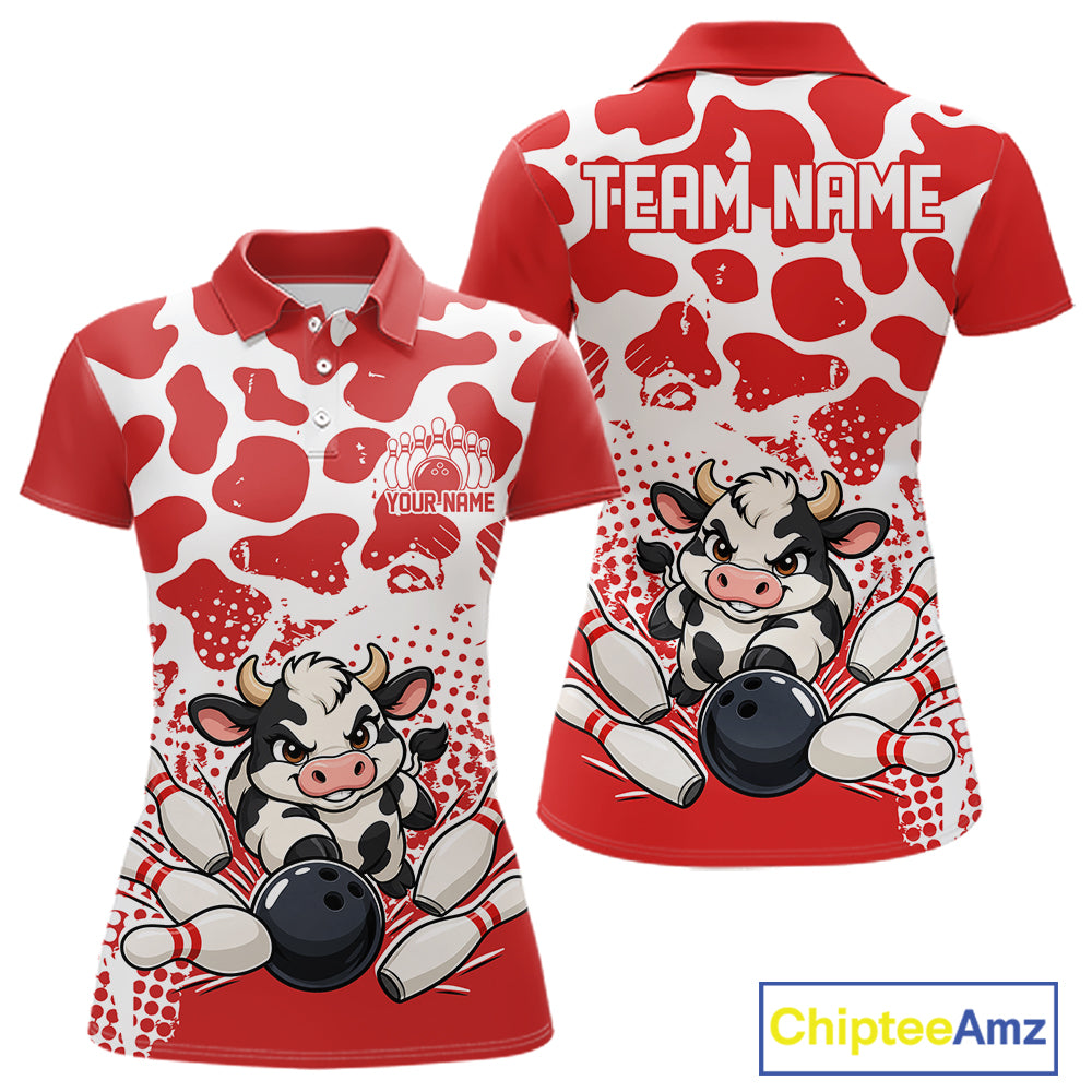Custom White And Red Cute Funny Cow Women Polo Bowling Team Shirt Bowler Outfit IPHW12818