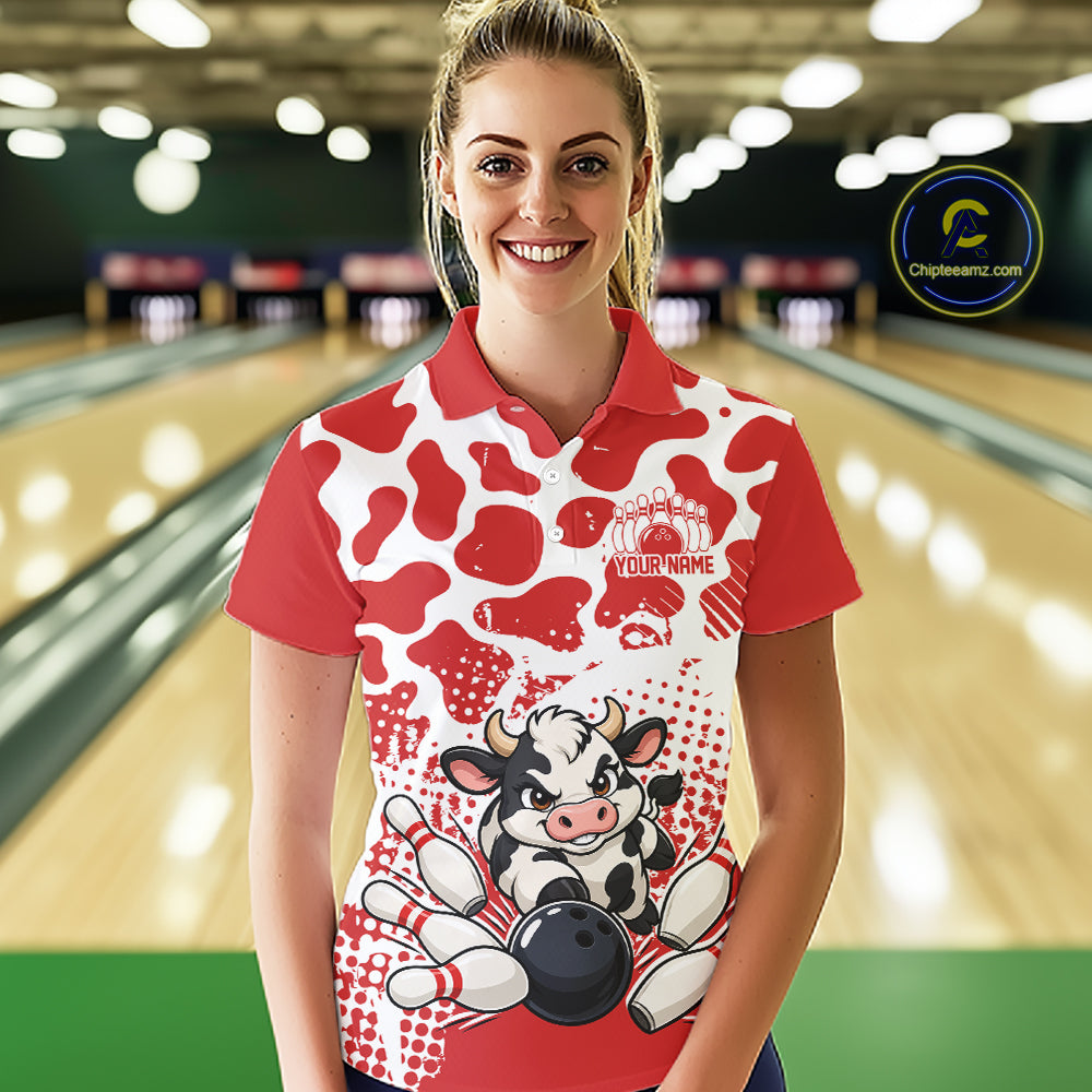 Custom White And Red Cute Funny Cow Women Polo Bowling Team Shirt Bowler Outfit IPHW12818