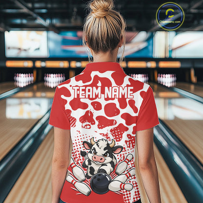 Custom White And Red Cute Funny Cow Women Polo Bowling Team Shirt Bowler Outfit IPHW12818