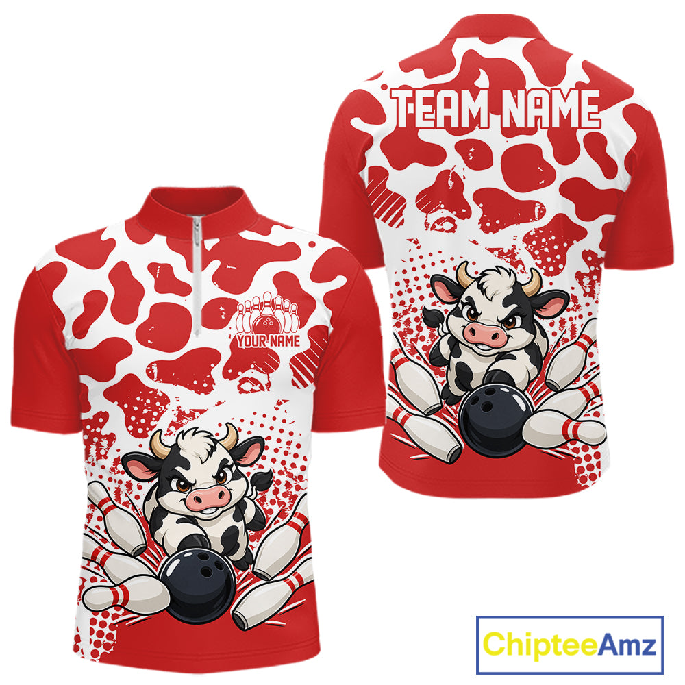 Custom White And Red Cute Funny Cow Men Quarter Zip Bowling Team Shirt Bowler Outfit IPHW12818