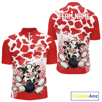 Custom White And Red Cute Funny Cow Men Quarter Zip Bowling Team Shirt Bowler Outfit IPHW12818