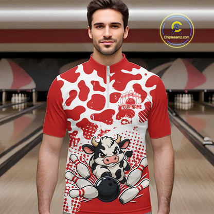 Custom White And Red Cute Funny Cow Men Quarter Zip Bowling Team Shirt Bowler Outfit IPHW12818