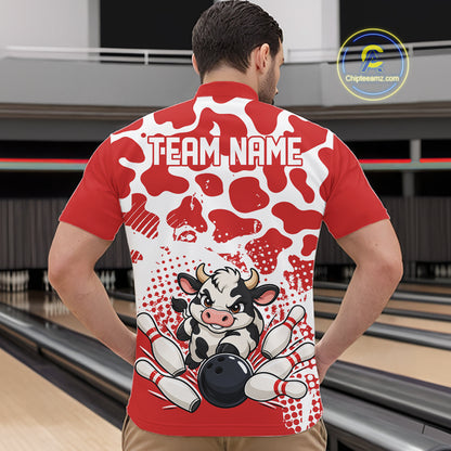 Custom White And Red Cute Funny Cow Men Quarter Zip Bowling Team Shirt Bowler Outfit IPHW12818