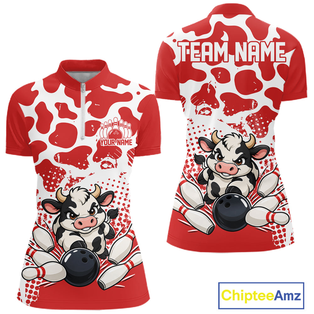 Custom White And Red Cute Funny Cow Women Quarter-Zip Bowling Team Shirt Bowler Outfit IPHW12818