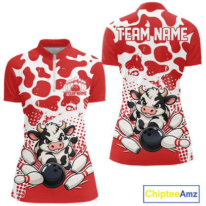 Custom White And Red Cute Funny Cow Women Quarter-Zip Bowling Team Shirt Bowler Outfit IPHW12818
