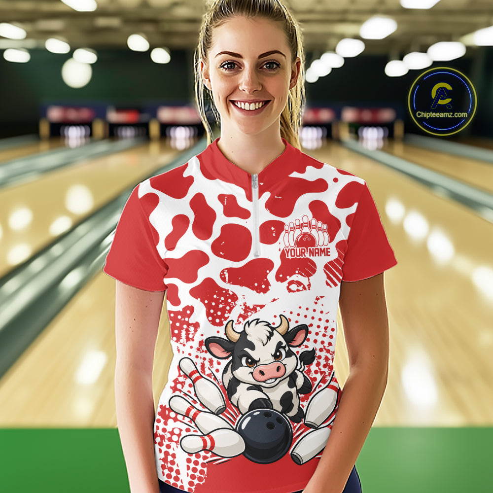 Custom White And Red Cute Funny Cow Women Quarter-Zip Bowling Team Shirt Bowler Outfit IPHW12818