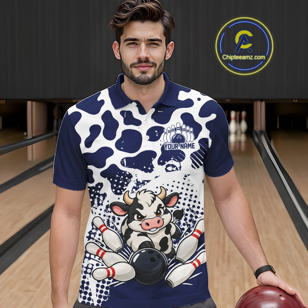 Custom White And Navy Cute Funny Cow Men Polo Bowling Team Shirt Bowler Outfit IPHW12819