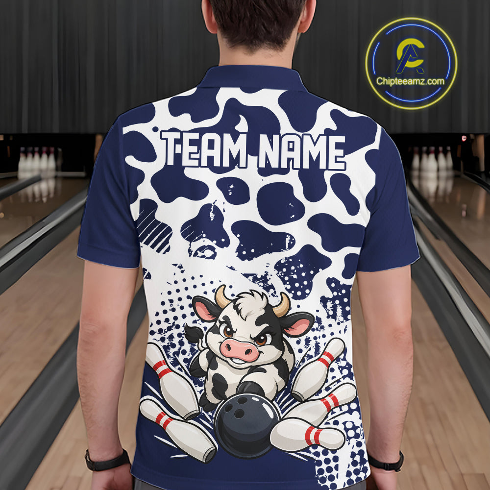 Custom White And Navy Cute Funny Cow Men Polo Bowling Team Shirt Bowler Outfit IPHW12819