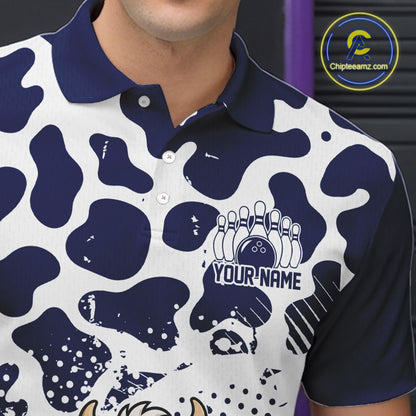Custom White And Navy Cute Funny Cow Men Polo Bowling Team Shirt Bowler Outfit IPHW12819