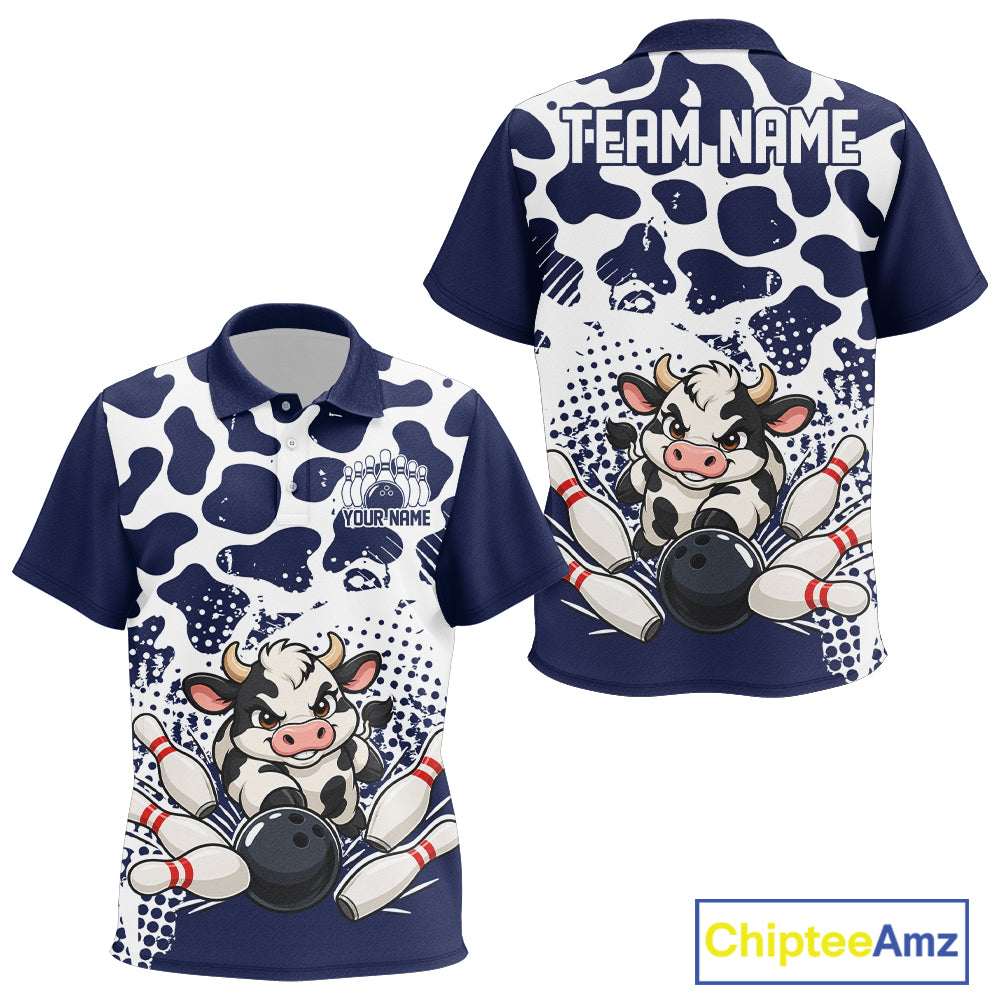 Custom White And Navy Cute Funny Cow Kid Polo Bowling Team Shirt Bowler Outfit IPHW12819