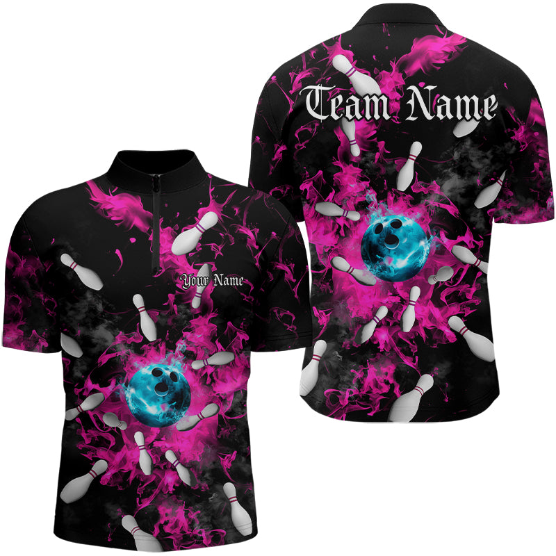 Custom Pink And Black Bowling Quarter-Zip Shirts For Men, Blue Ball Bowling Team Shirts IPHW8022