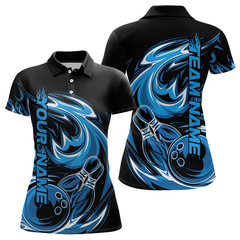 Custom Blue And Black Flaming Bowling Polo Shirts For Women, Flame Bowling League Shirts IPHW8026