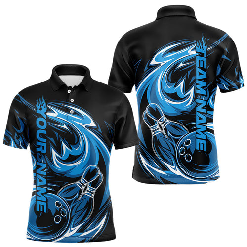 Custom Blue And Black Flaming Bowling Polo Shirts For Men, Flame Bowling League Shirts IPHW8026