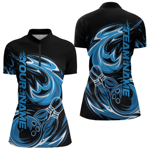 Custom Blue And Black Flaming Bowling Quarter-Zip Shirts For Women, Bowling League Shirts IPHW8026