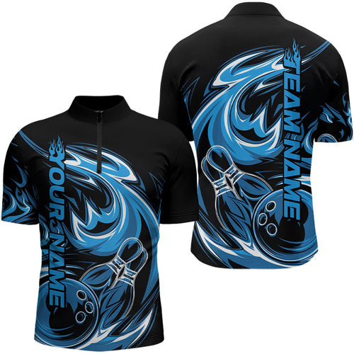 Custom Blue And Black Flaming Bowling Quarter-Zip Shirts For Men, Flame Bowling League Shirts IPHW8026