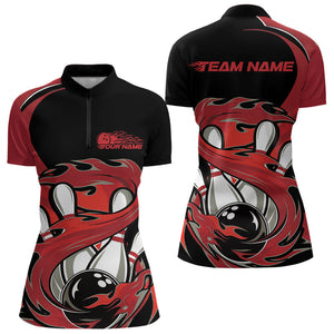 Black And Red Custom Flame Bowling Quarter-Zip Shirt For Women, Team Bowling Jerseys IPHW8030