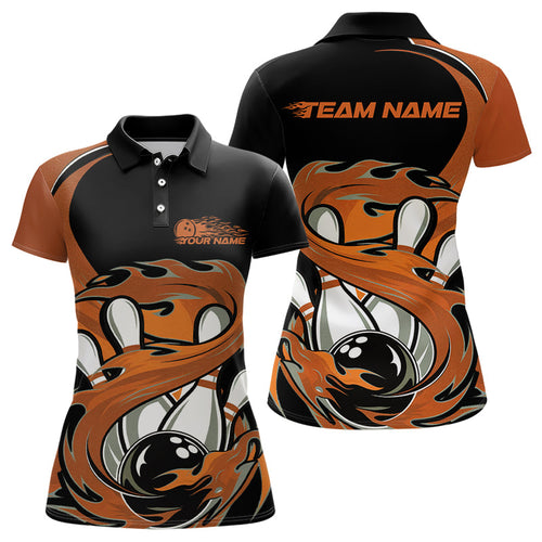 Black And Orange Custom Flame Bowling Polo Shirt For Women, Team Bowling Jerseys IPHW8031