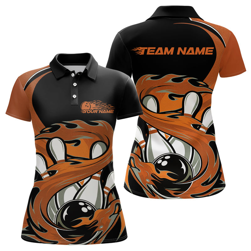 Black And Orange Custom Flame Bowling Polo Shirt For Women, Team Bowling Jerseys IPHW8031