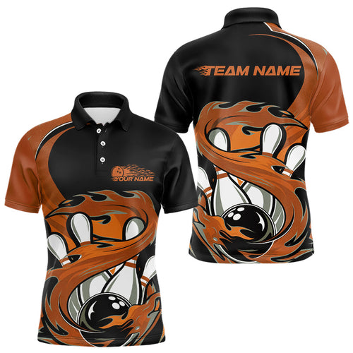 Black And Orange Custom Flame Bowling Polo Shirt For Men, Team Bowling Jerseys IPHW8031