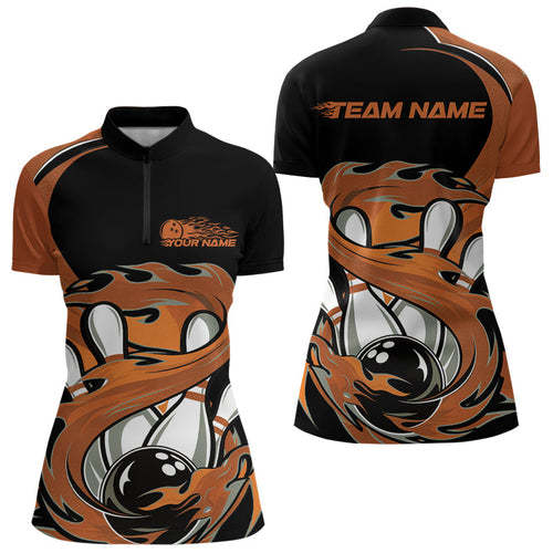 Black And Orange Custom Flame Bowling Quarter-Zip Shirt For Women, Team Bowling Jerseys IPHW8031