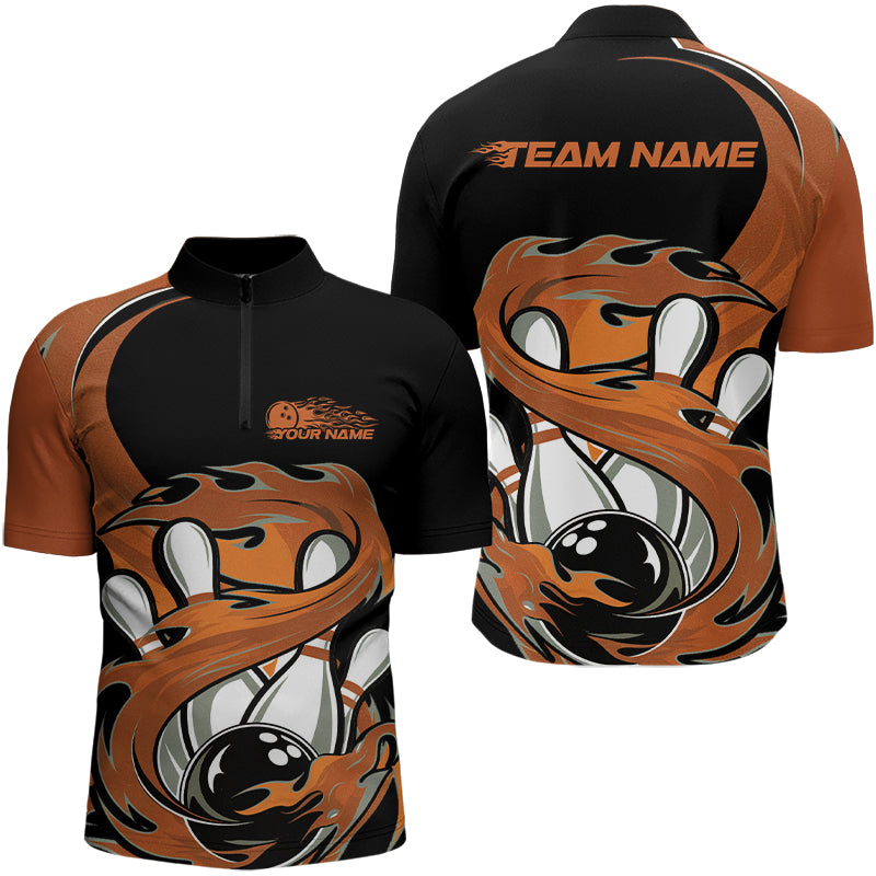 Black And Orange Custom Flame Bowling Quarter-Zip Shirt For Men, Team Bowling Jerseys IPHW8031
