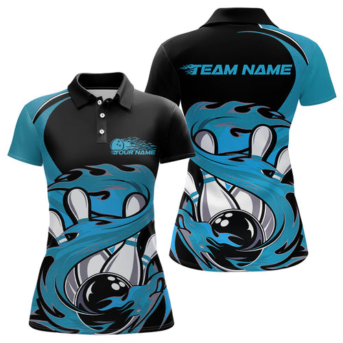 Black And Blue Custom Flame Bowling Polo Shirt For Women, Team Bowling Jerseys IPHW8032