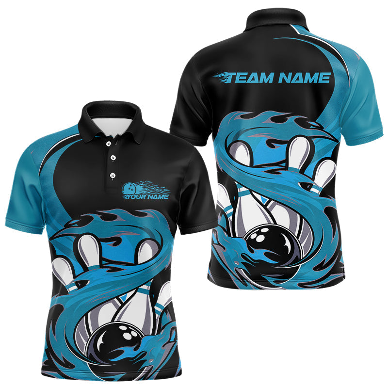 Black And Blue Custom Flame Bowling Polo Shirt For Men, Team Bowling Jerseys IPHW8032