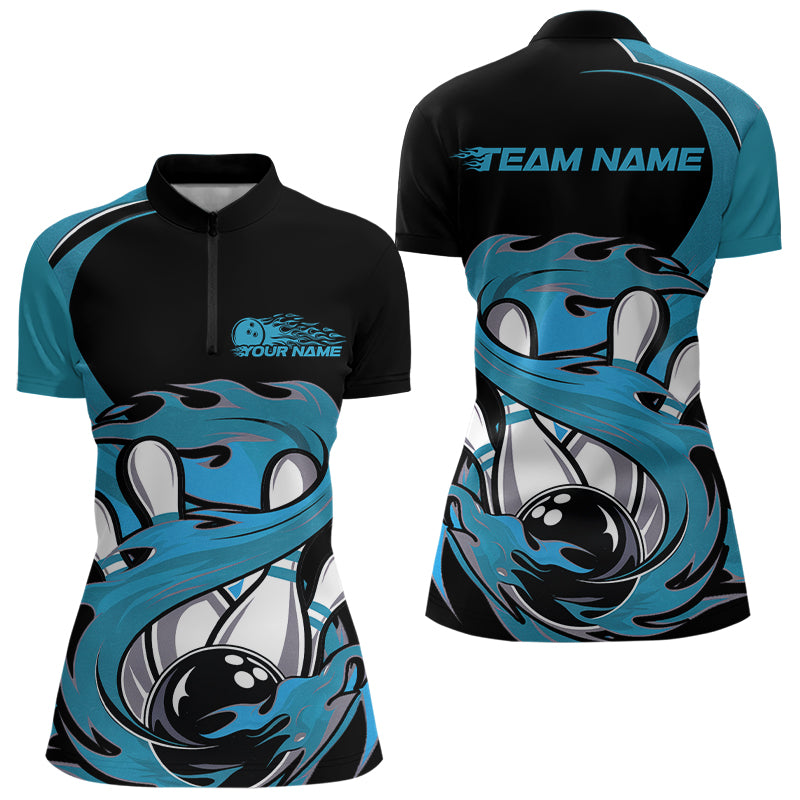 Black And Blue Custom Flame Bowling Quarter-Zip Shirt For Women, Team Bowling Jerseys IPHW8032