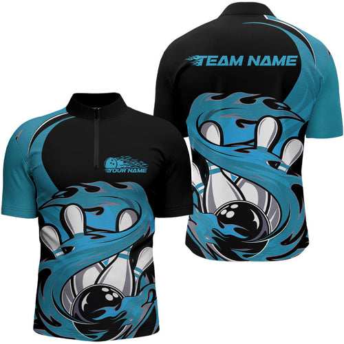 Black And Blue Custom Flame Bowling Quarter-Zip Shirt For Men, Team Bowling Jerseys IPHW8032