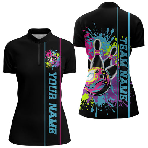 Custom Colorful Ladies Bowling Quarter-Zip Shirt, Splatter Bowling Team Shirt Bowler Outfit IPHW8034