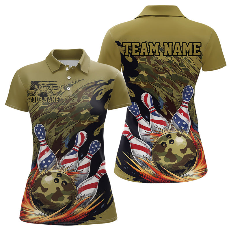 Custom Military Camo Bowling Polo Shirts For Women, Patriotic US Flag Bowling Team Shirt IPHW8039