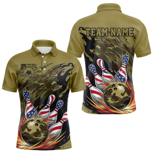 Custom Military Camo Bowling Polo Shirts For Men, Patriotic US Flag Bowling Team Shirt IPHW8039