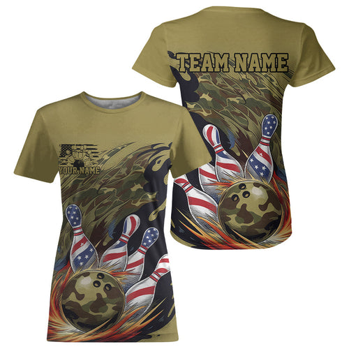 Custom Military Camo Bowling T-Shirts For Women, Patriotic US Flag Bowling Team IPHW8039