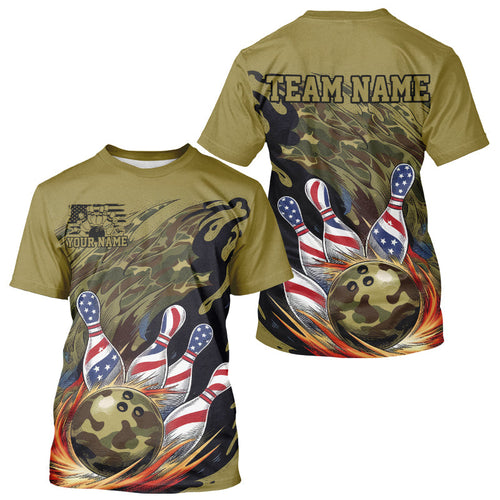 Custom Military Camo Bowling T-Shirts For Men, Patriotic US Flag Bowling Team IPHW8039
