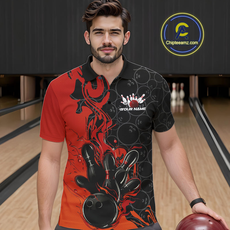Custom Red Orange Fire Flame Bowling Team Men Polo Shirts, Bowling League Shirt IPHW10184