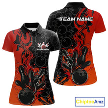 Load image into Gallery viewer, Custom Red Orange Fire Flame Bowling Team Women Polo Shirts, Bowling League Shirt IPHW10184