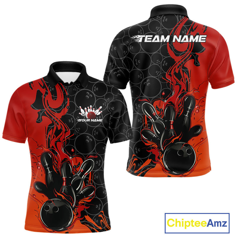 Custom Red Orange Fire Flame Bowling Team Men Polo Shirts, Bowling League Shirt IPHW10184