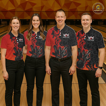 Custom Red Orange Fire Flame Bowling Team Men Polo Shirts, Bowling League Shirt IPHW10184