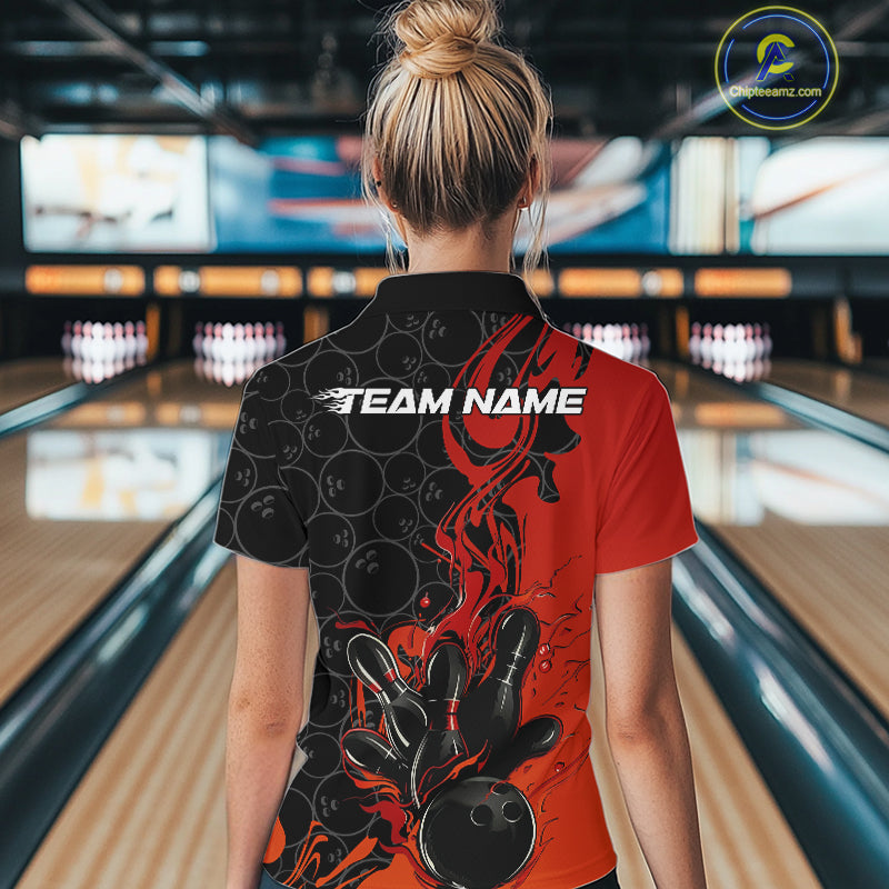 Custom Red Orange Fire Flame Bowling Team Women Quarter-Zip Shirts, Bowling League Shirt IPHW10184