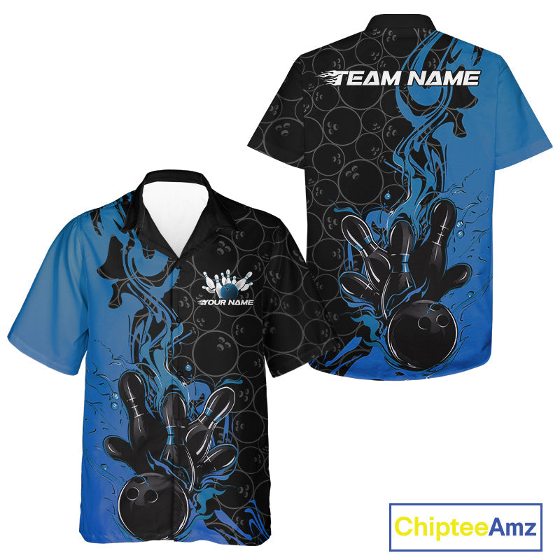 Custom Black And Blue Fire Flame Bowling Team Men And Women Hawaiian Shirts, Bowling League Shirt IPHW10185