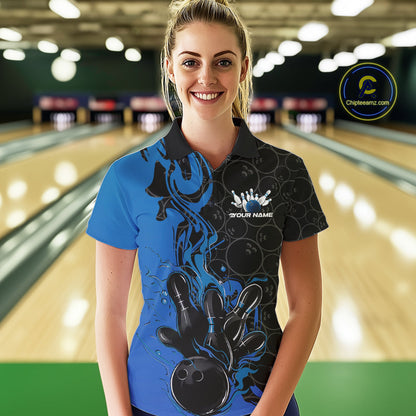 Custom Black And Blue Fire Flame Bowling Team Women Polo Shirts, Bowling League Shirt IPHW10185