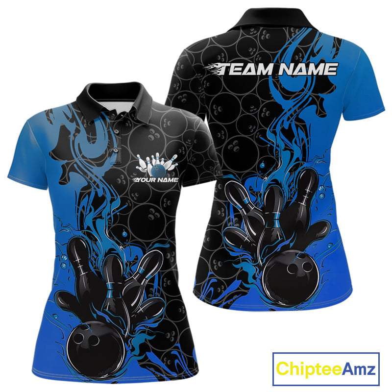 Custom Black And Blue Fire Flame Bowling Team Women Polo Shirts, Bowling League Shirt IPHW10185