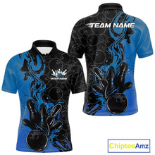 Load image into Gallery viewer, Custom Black And Blue Fire Flame Bowling Team Men Polo Shirts, Bowling League Shirt IPHW10185